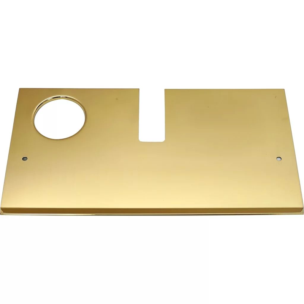The Elektra 02635019 Front Panel is a brass-plated, rectangular metal piece for the Elektra Sixties Series 1 group GL/GL1, featuring a large circular hole on the left, a U-shaped center notch, and two small right-corner screw holes. © 2025 1st-line.com