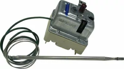The Elektra 02790035 Element Safety Switch for Water Entry Assembly (110V, 3 phase) is a metal thermostat control unit with a coiled sensor wire and probe, typically used to regulate temperature in ovens or similar appliances. © 2025 1st-line.com