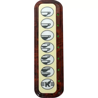 The Elektra 02853034 Button Strip–Brierwood features a rectangular, wood-style control panel with seven white buttons displaying black coffee cup icons and one K button, each aligned vertically with a green indicator light. © 2025 1st-line.com