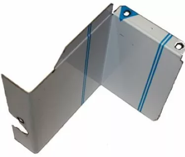 The Elektra 02883014 Side Plate Left- Inox for Barlume is a white, L-shaped metal bracket with blue stripes and corner mounting holes, designed for sturdy structural or electronic support. © 2025 1st-line.com