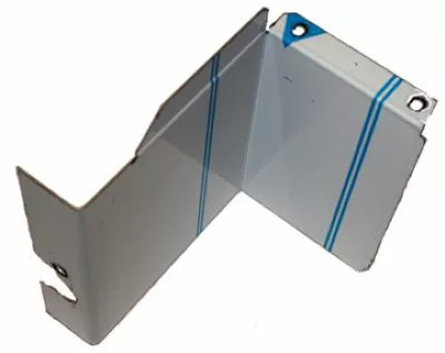 The Elektra 02883014 Side Plate Left- Inox for Barlume is a white, L-shaped metal bracket with blue stripes and corner mounting holes, designed for sturdy structural or electronic support. © 2025 1st-line.com