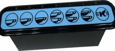 The Elektra 02901034 Blue Control Box 230V - 7 Doses features seven blue buttons with black cup icons and one with a spilled cup, likely indicating drink options for vending or coffee machines. © 2025 1st-line.com
