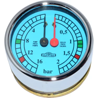 The Elektra 02904014 Dual Pressure Gauge- Ocean Blue features a round blue dial, black and red needles marked 0–16 bar, reading approx. 8 bar (pump) and just below 1 bar (boiler), with “Elektra” displayed at the center. © 2025 1st-line.com