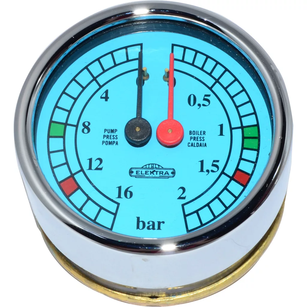 The Elektra 02904014 Dual Pressure Gauge- Ocean Blue features a round blue dial, black and red needles marked 0–16 bar, reading approx. 8 bar (pump) and just below 1 bar (boiler), with “Elektra” displayed at the center. © 2025 1st-line.com