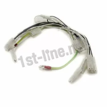 The Elektra 02962034 Wiring Cable Harness Assembly, with black, white, and green wires plus assorted connectors and terminals, is shown arranged in a loose loop on a white background. © 2025 1st-line.com