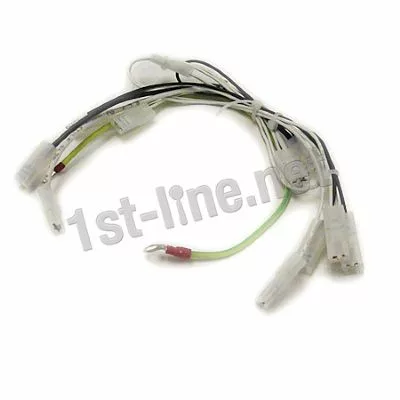 The Elektra 02962034 Wiring Cable Harness Assembly, with black, white, and green wires plus assorted connectors and terminals, is shown arranged in a loose loop on a white background. © 2025 1st-line.com