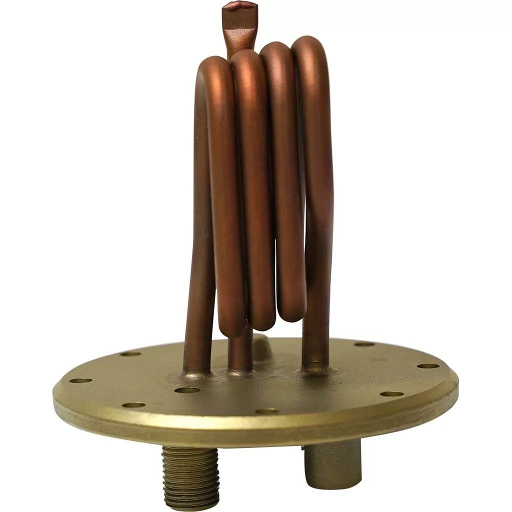 The Elektra 02974011 110V Flanged Heating Element for a Leva features a helical copper immersion coil, round brass flange with multiple holes, and two threaded pipe fittings. © 2025 1st-line.com