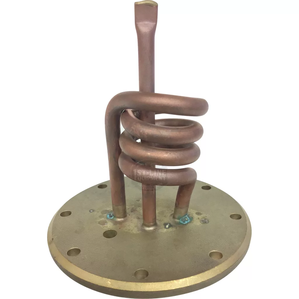 The Elektra 02974011 110V Flanged Heating Element for a Leva has a vertical copper coil mounted on a round brass flange with multiple bolt holes, featuring a tightly wound coil securely attached to the base. © 2025 1st-line.com