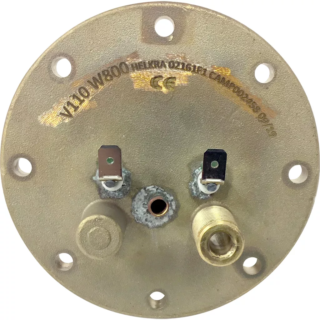 The Elektra 02974011 110V Flanged Heating Element for a Leva is a round, metallic component with electrical connectors, threaded pipe fitting, multiple mounting holes, and engraved technical details on the surface. © 2025 1st-line.com