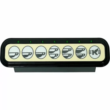 The Elektra 03154034 Black 7 Dose Push Button Panel has a rectangular black control panel with seven white oval coffee cup buttons, a key icon button on the right, and green indicator lights above each button. © 2025 1st-line.com