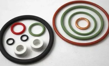 The Elektra 03157034 Gasket Kit features black, green, orange, and red O-rings in different sizes plus two small white spacers, all neatly arranged on a white surface. © 2025 1st-line.com