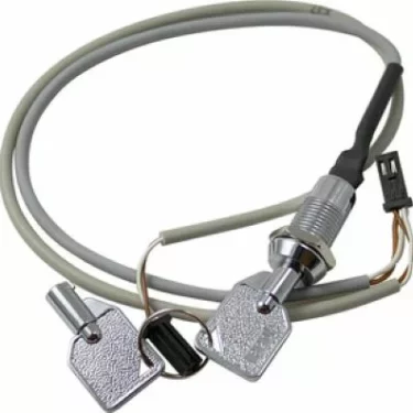 The Elektra 03196035 Programm Cable for Sixties 2 GR/Classic 2 GR espresso machines includes a metal tubular lock switch, two silver keys, exposed wires, a black connector, and is coiled in a circular shape. © 2025 1st-line.com