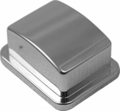 The Elektra 03224021 Push Button- Chrome is a shiny, metallic rectangular button with a curved top and flat base, shown on a white background. © 2025 1st-line.com