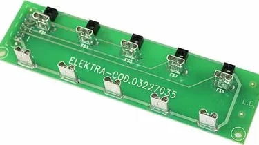 The Elektra 03227035 Electronic Card is a green rectangular component labeled ELEKTRA-COD.03227035, featuring six fuse holders and metallic connectors arranged in two rows. © 2025 1st-line.com