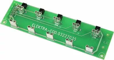 The Elektra 03227035 Electronic Card is a green rectangular component labeled ELEKTRA-COD.03227035, featuring six fuse holders and metallic connectors arranged in two rows. © 2025 1st-line.com