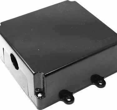 The Elektra 03283034 WTS Control Box Assembly 230V is a black rectangular plastic enclosure with mounting flanges and a circular side opening, displayed on a white background. © 2025 1st-line.com