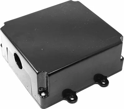The Elektra 03283034 WTS Control Box Assembly 230V is a black rectangular plastic enclosure with mounting flanges and a circular side opening, displayed on a white background. © 2025 1st-line.com