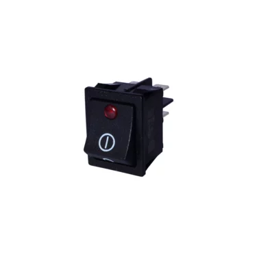 The Elektra 03320030 ON-OFF SWITCH is a black rectangular rocker switch featuring a red indicator light, white power symbol on the front, and visible metal connectors at the back. © 2025 1st-line.com