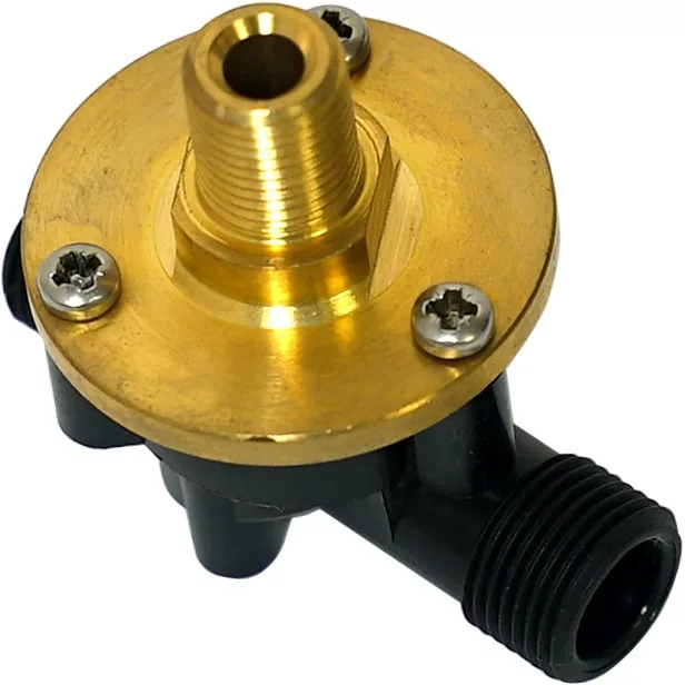 The Elektra 03506034 Regeneration Valve is a brass and black plastic plumbing fitting with threaded connectors and three screws on the plate, designed for connecting pipes or hoses. © 2025 1st-line.com