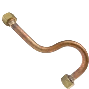 The Elektra 03621011 Upper HX to Left Group Pipe features a copper S-shaped design with brass hexagonal fittings on both ends, displayed against a white background. © 2025 1st-line.com