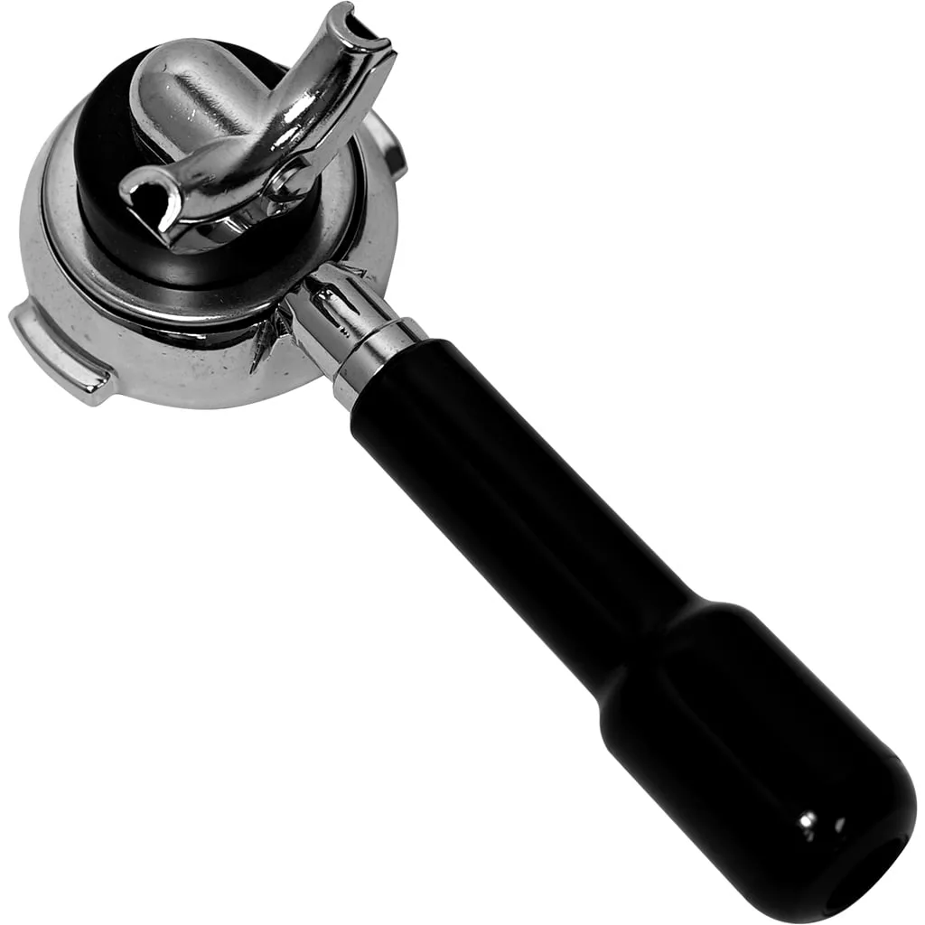 The Elektra 03719034 Single Capsule Filter Holder Assembly, with a black handle and metal filter basket, designed for espresso machines, is displayed on a white background. © 2025 1st-line.com