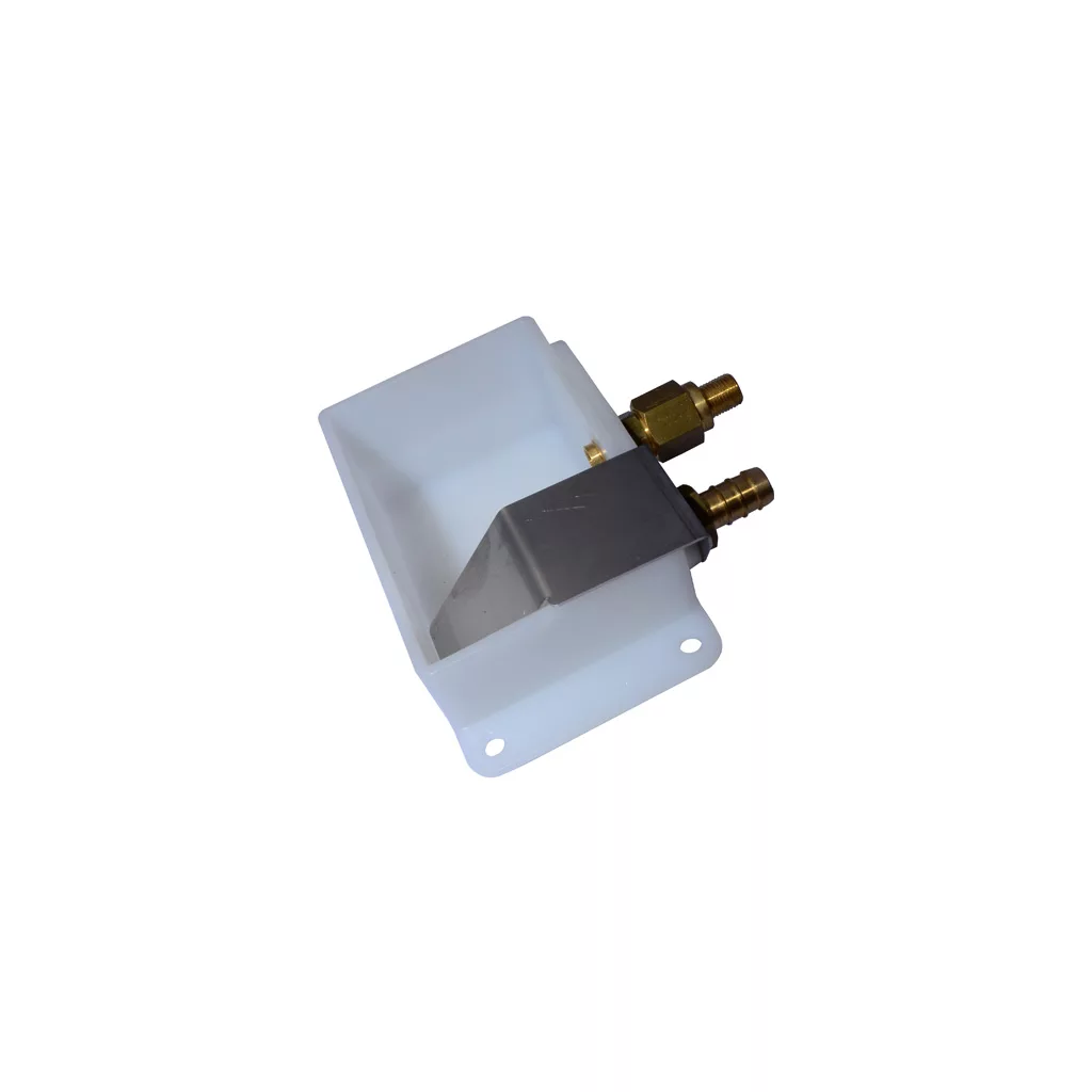 The Elektra 03968034 WATER DRAIN BOX is a white plastic, recessed outlet box with two brass fittings, a gray cover, and two mounting holes on one side, designed for plumbing connections like washing machines. © 2025 1st-line.com