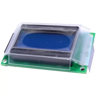 The Elektra 04061035 Display - Nino is a rectangular LCD module with a blue screen, mounted on a green circuit board and partially covered by transparent plastic. © 2025 1st-line.com