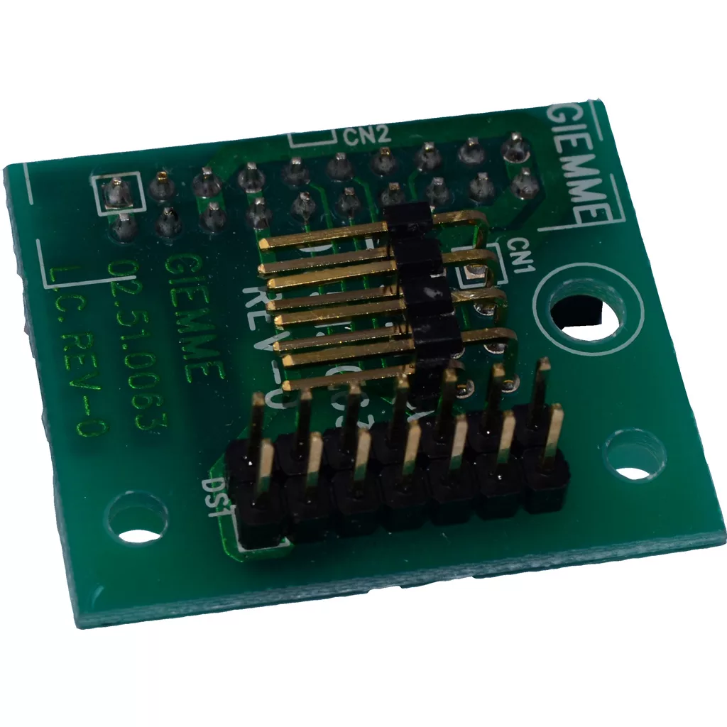 The Elektra 04062035 Socket/Connector Card - Nino is a small green PCB with gold and black pin headers, labeled GIEMME, various component labels, multiple solder points, and a large mounting hole. © 2025 1st-line.com