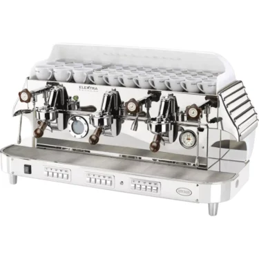 The Elektra Barlume 3 Group Commercial Espresso Machine features three group heads, multiple cup holders on top, pressure gauges, lever handles, and a sleek stainless steel exterior. © 2025 1st-line.com