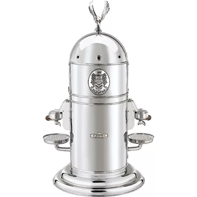 The Elektra Belle Epoque 2 Group Commercial Espresso Machine features a polished, vintage-style domed top, dual cup trays, a decorative eagle ornament, crest, and an elegant metallic finish. © 2025 1st-line.com