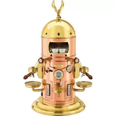 The Elektra Belle Epoque 2 Group Commercial Espresso Machine features a vintage gold and copper dome with eagle ornament, two portafilters, cup holders, and two espresso cups in the center compartment. © 2025 1st-line.com