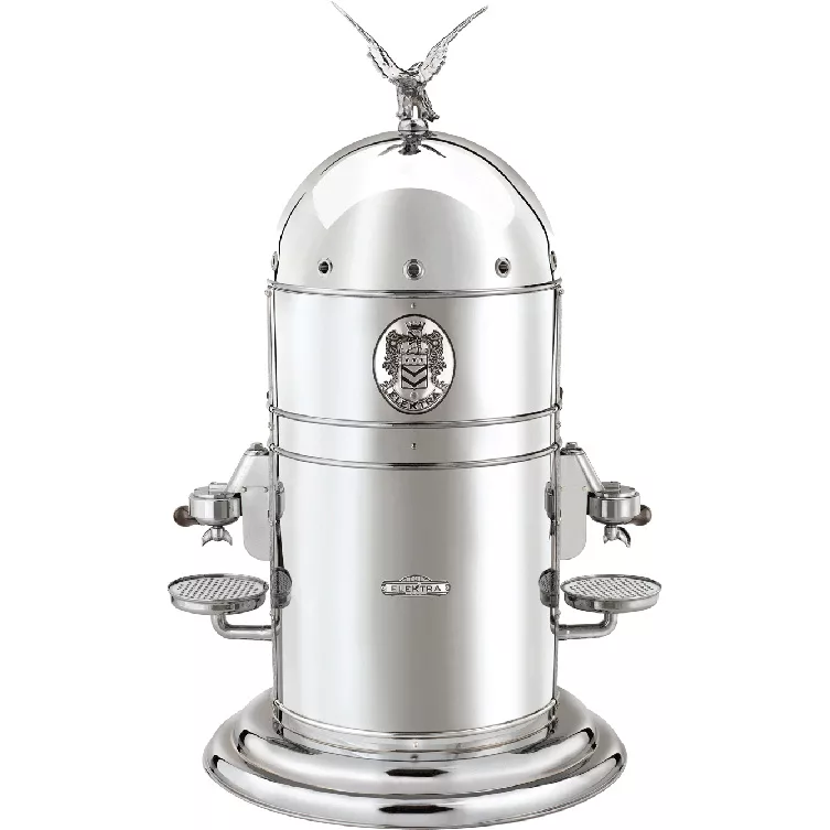 The Elektra Belle Epoque 3 Group Commercial Espresso Machine features a shiny, vintage domed top with an eagle ornament and two large side handles, exuding timeless elegance against a white background. © 2025 1st-line.com