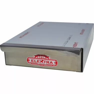 The Elektra BF Commercial Knock Out Box Drawer/Base is a rectangular stainless steel drawer with a handle and red Elektra logo, featuring a partially peeled protective film—ideal for cafés using the Elektra BF. © 2025 1st-line.com