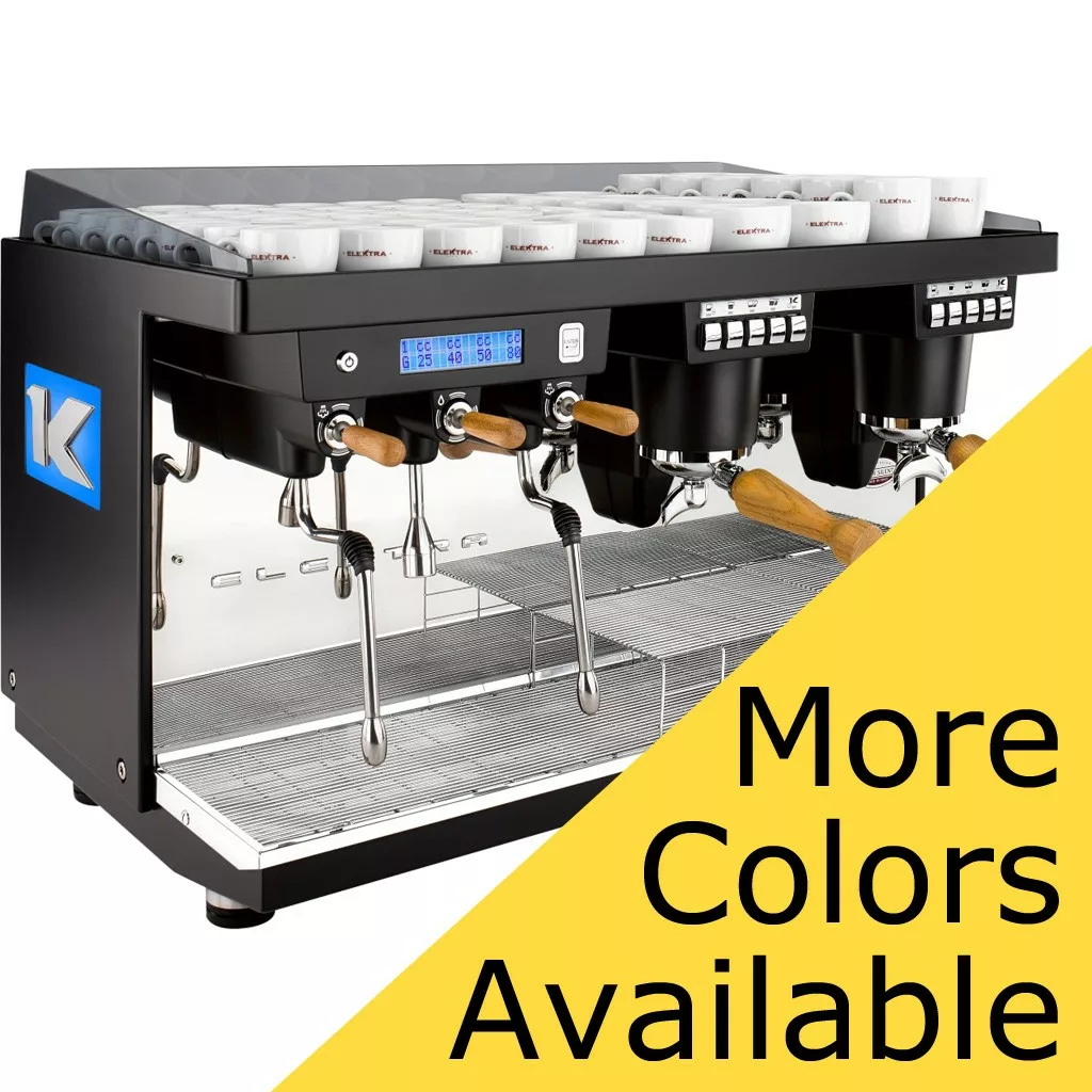 The Elektra KUP 2 Group Commercial Espresso Machine features two group heads, wooden handles, and white cups on top. Perfect for busy cafes. A yellow More Colors Available banner appears in the corner. © 2025 1st-line.com