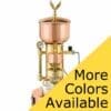 The Elektra Microcasa Semiautomatica Espresso Machine in copper and gold features a pressure gauge, eagle finial, and place for a cup below the spout. Diagonal yellow banner with black text: More Colors Available. © 2025 1st-line.com