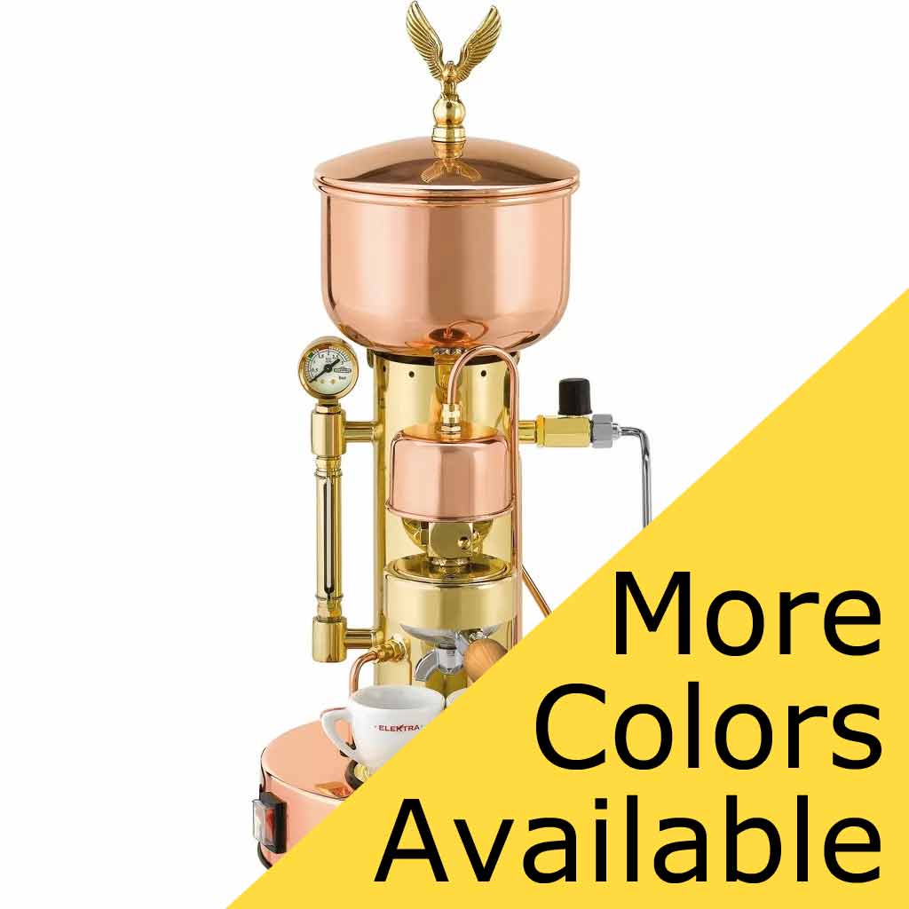 The Elektra Microcasa Semiautomatica Espresso Machine in copper and gold features a pressure gauge, eagle finial, and place for a cup below the spout. Diagonal yellow banner with black text: More Colors Available. © 2025 1st-line.com