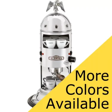 The Elektra Mini Verticale A1/A1C Espresso Machine features a shiny, vintage design with stacked cups inside and an eagle on top. A yellow banner announces: More Colors Available. © 2025 1st-line.com