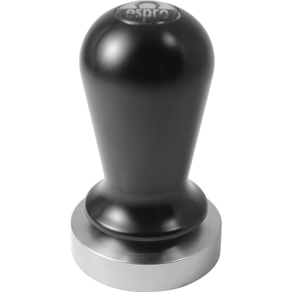 The Espro 30lb Calibrated 53mm Espresso Coffee Tamper features a black and silver design, rounded handle, and flat base for evenly pressing espresso grounds in your machines portafilter. © 2025 1st-line.com