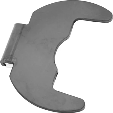 The Eureka 2310.1115 Non-Adjustable Portafilter Fork is a flat, metallic, C-shaped automotive locking plate with a notched edge and cylindrical hinge, ideal for securing components in mechanical assemblies. © 2025 1st-line.com