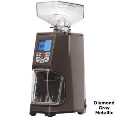 The Eureka Atom 60 Espresso Coffee Grinder in Diamond Gray Metallic features a digital display, multiple buttons, a clear top bean hopper, and a clear grounds container below. © 2025 1st-line.com