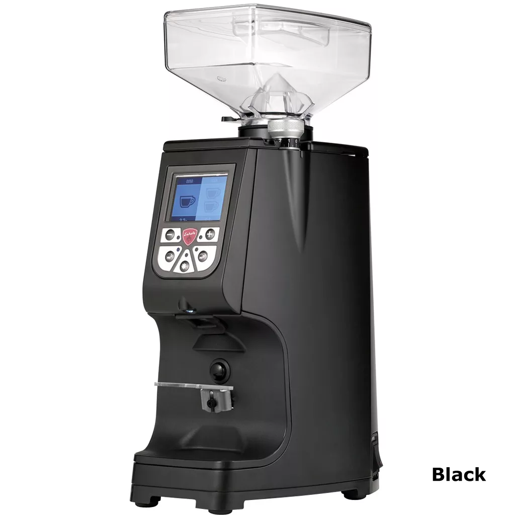 The Eureka Atom 60 Espresso Coffee Grinder is a black electric grinder with a digital display, control buttons, and a transparent bean hopper on top. Black appears in the bottom right corner. © 2025 1st-line.com