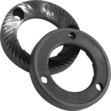 The Eureka MAC50 50mm Flat Grinding Burrs (set of 2) feature sharp, angled teeth with overlapping design—one flat, the other tilted—for precision grinding. Compatible with Eureka MAC50 coffee grinders. © 2025 1st-line.com