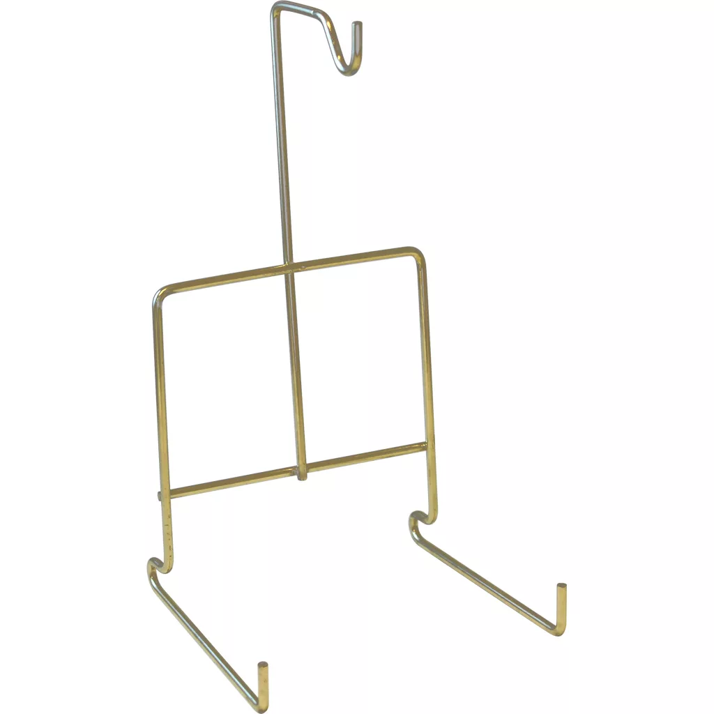 The European Gift 22 Wire Cappuccino Stand features a gold metal rectangular frame with two angled support arms, a tall vertical back, and a top hook designed to hold items upright for display. © 2025 1st-line.com