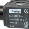 The F..951 220V Parker Solenoid Coil ZB09 features 220V, 50-60Hz specs, 100% ED, IP65 rating, and certification marks on its surface. © 2025 1st-line.com