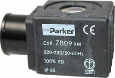 The F..951 220V Parker Solenoid Coil ZB09 features 220V, 50-60Hz specs, 100% ED, IP65 rating, and certification marks on its surface. © 2025 1st-line.com