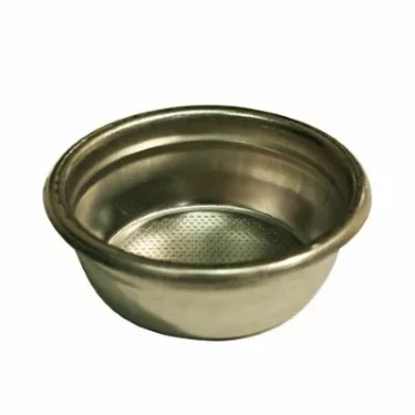 The Faema 14 gram 2 cup Filter Basket/Cup is a stainless steel espresso machine filter with small bottom holes designed for brewing coffee. © 2025 1st-line.com
