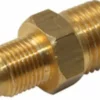 The Faema F.1177 Flow Meter Adaptor Fitting is a brass fitting with a hexagonal center and male threaded ends, designed for connecting pipes or tubing in plumbing or mechanical systems. © 2025 1st-line.com