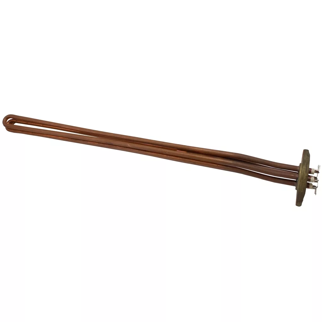 The Fiorenzato A1200120 Group Heating Element features a 230v, 4000-watt copper immersion design with three long, bent rods and a mounting plate with terminals, ideal as a replacement group heating element for Fiorenzato machines. © 2025 1st-line.com