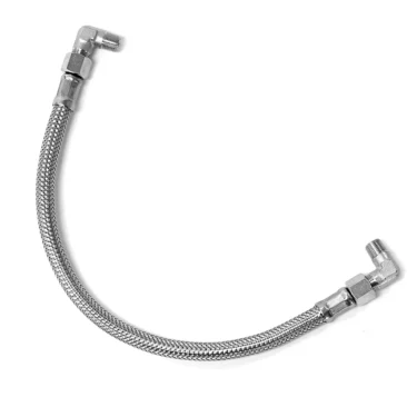 The Fiorenzato A1300069 Quick Release Valve is a flexible, braided metal hose with threaded fittings and 90-degree elbow connectors on both ends, compatible with quick release valves. Suited for plumbing or hydraulic use. © 2025 1st-line.com