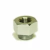 The Fiorenzato A1300108 Coupling 1/4F x 3/8M is a shiny, hexagonal metal nut with both internal and external threading, shown upright on a plain white background. © 2025 1st-line.com